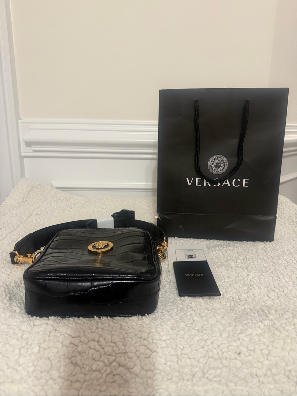 Versace Black Croc-Embossed Leather Crossbody with Gold Medallion Accent